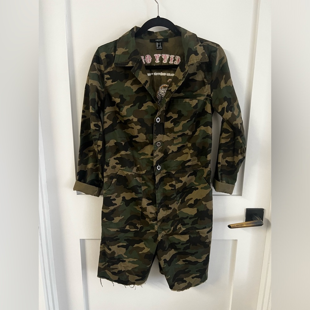 Embroidered camo utility romper